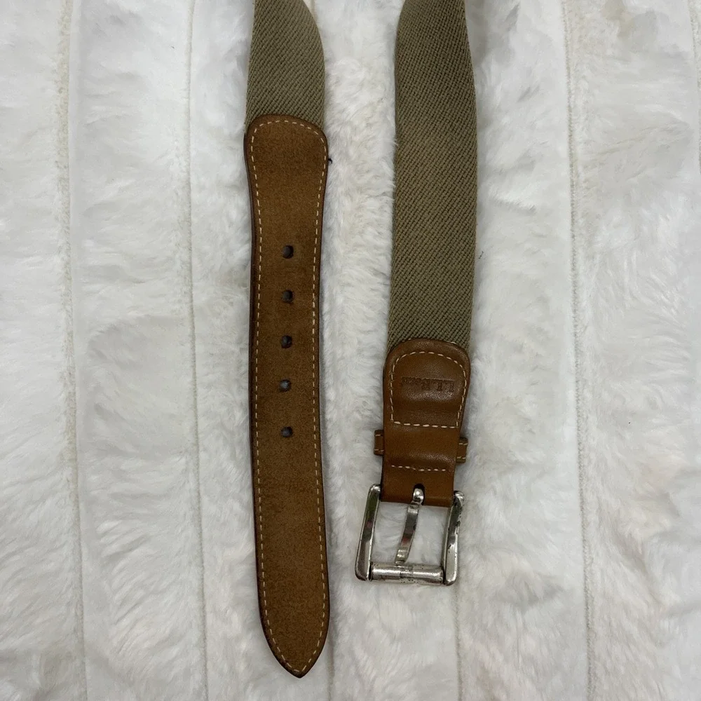 L.L. Bean‎ Stretch Canvas Belt Mens 46 Brown Leather Trim Khaki Woven Excellent